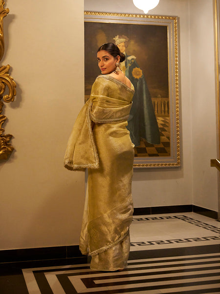 Gold Color Zari Weaving Work With Sequins Border Tissue Shimmer Saree