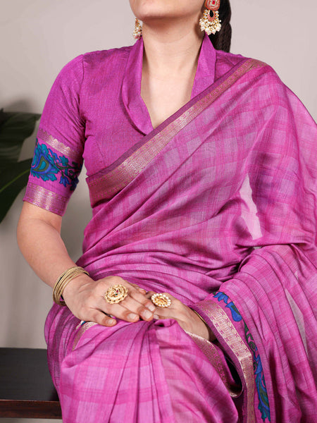 Pink Color Printed With Zari Weaving Work Polyester Viscose Chanderi Saree
