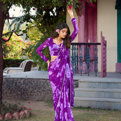 Purple Color Floral Printed Pearl Lace Border Chiffon Saree