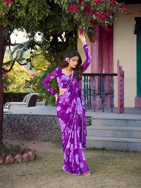 Purple Color Floral Printed Pearl Lace Border Chiffon Saree