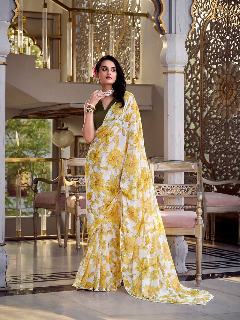 Yellow Color Floral Print With Peral Lace Border Weightless Marbal Saree