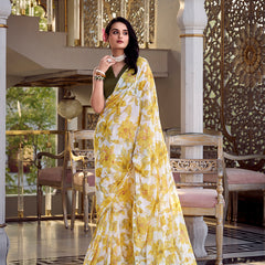 Yellow Color Floral Print With Peral Lace Border Weightless Marbal Saree