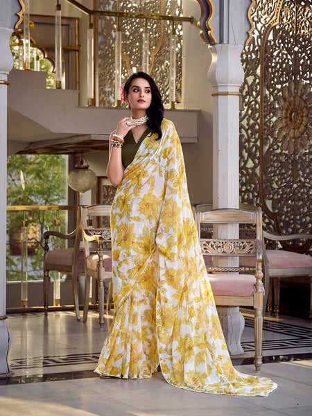 Yellow Color Floral Print With Peral Lace Border Weightless Marbal Saree