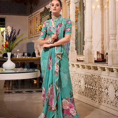 Green Color Printed With Pearl Lace Border Georgette Saree