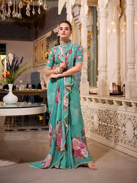 Green Color Printed With Pearl Lace Border Georgette Saree