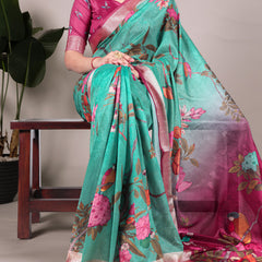 Green Color Tussar Silk With Viscos Border Floral Printed Saree