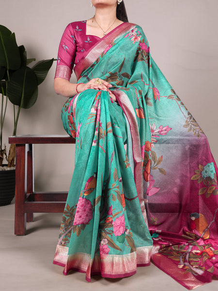 Green Color Tussar Silk With Viscos Border Floral Printed Saree