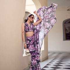 Grey Color Floral Printed With Peral Lace Border Weightless Marbal Saree