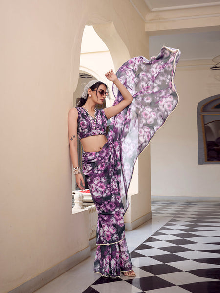 Grey Color Floral Printed With Peral Lace Border Weightless Marbal Saree
