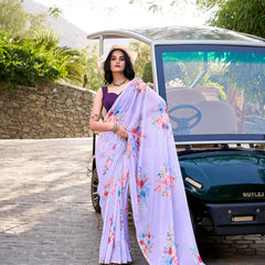 Lavender Color Floral Printed And Pearl Lace Border Weightless Marbal Saree