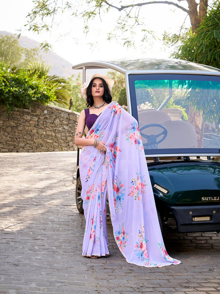 Lavender Color Floral Printed And Pearl Lace Border Weightless Marbal Saree