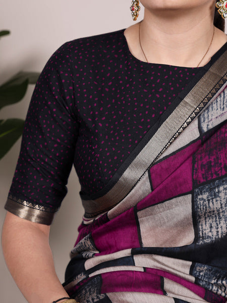 Navy Blue Color Printed With Temple Border Polyester Viscose Chanderi Saree