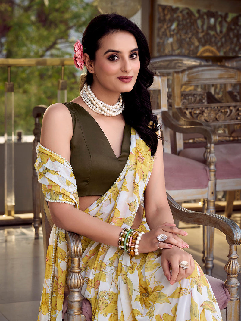 Yellow Color Floral Print With Peral Lace Border Weightless Marbal Saree