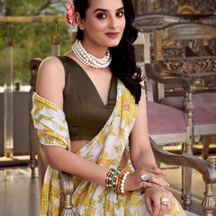 Yellow Color Floral Print With Peral Lace Border Weightless Marbal Saree