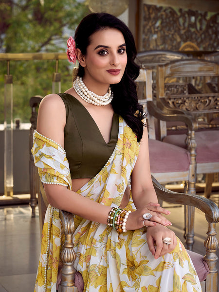 Yellow Color Floral Print With Peral Lace Border Weightless Marbal Saree