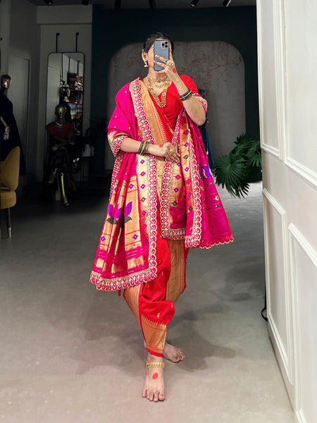 Red color Paithani Zari Weaving Work Jacquard Silk Saree