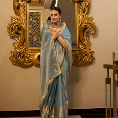 Sky Blue Color Zari Weaving Work With Sequins Border Tissue Shimmer Saree