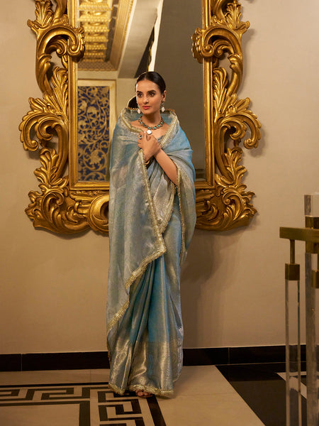 Sky Blue Color Zari Weaving Work With Sequins Border Tissue Shimmer Saree