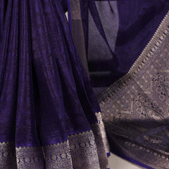 Navy Blue Color Self Printed With Zari Weaving Work Chinon Saree