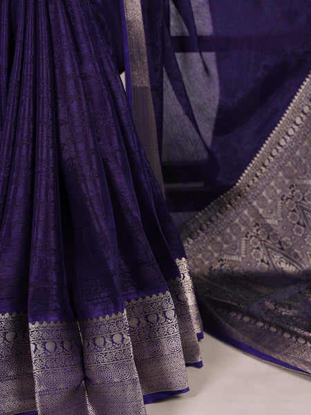 Navy Blue Color Self Printed With Zari Weaving Work Chinon Saree
