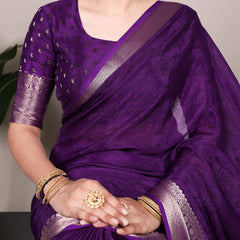 Purple Color Self Printed With Zari Weaving Work Chinon Saree