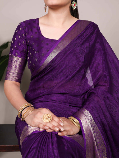 Purple Color Self Printed With Zari Weaving Work Chinon Saree