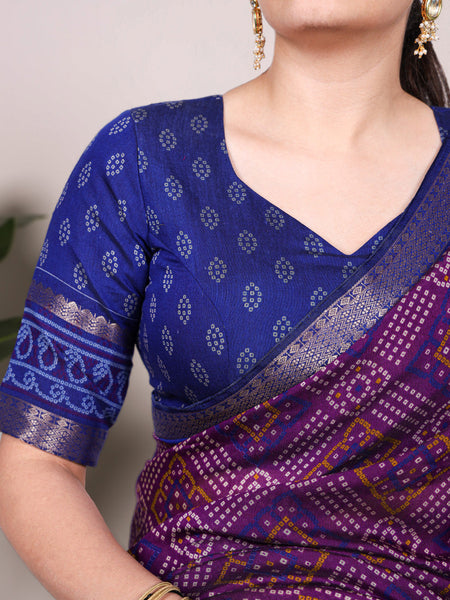 Purple Color Bandhej Print With Zari Weaving Work Viscose Chanderi Saree